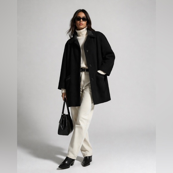 Sequence Jackets & Blazers - VINTAGE - Black Wool Coat with Shearling Collar | Minimalist Oversized Jacket